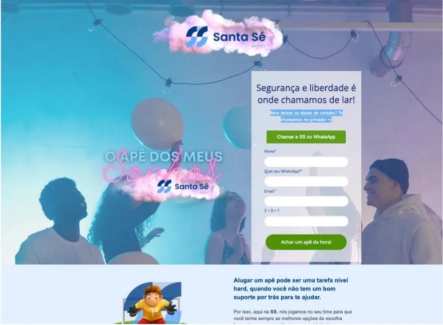 Página voltada para o público jovem da Santa Sé Imóveis, intitulada