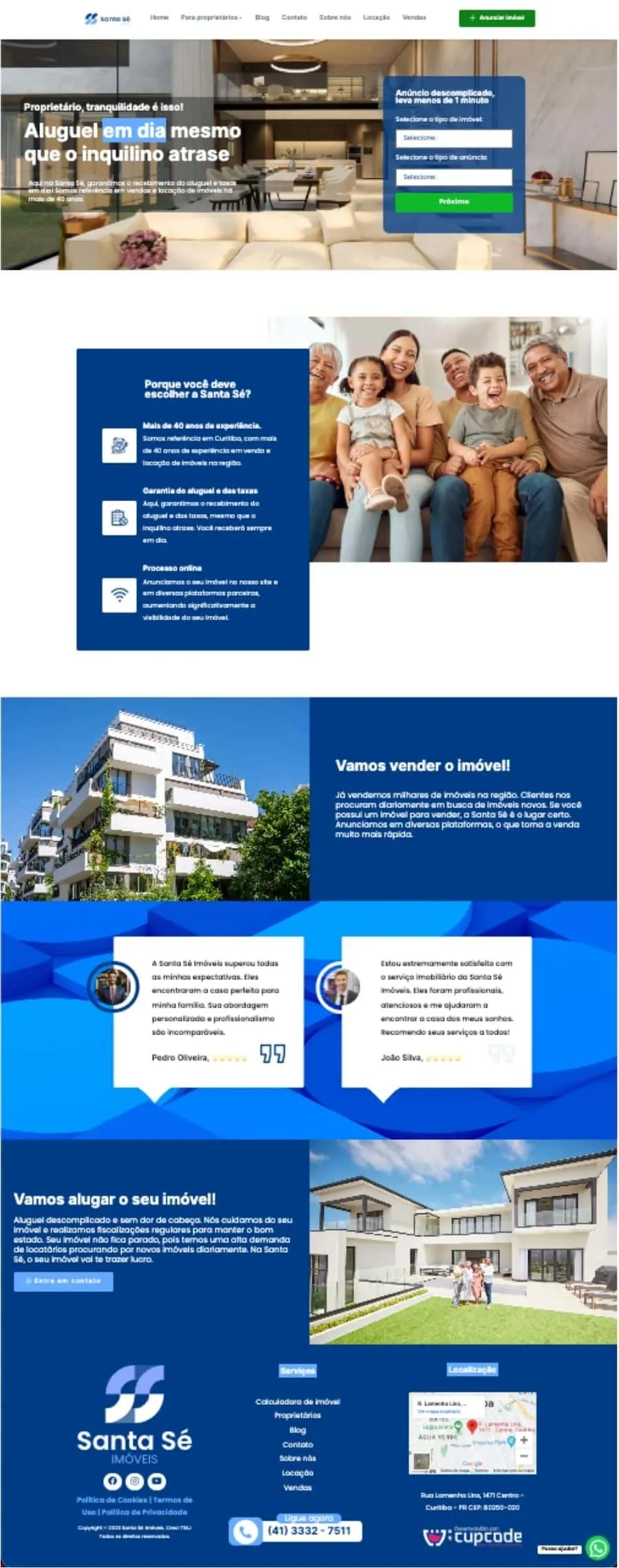 Página do site da Santa Sé Imóveis com um layout moderno e eficiente, apresentando uma navegação intuitiva, área de blog com posts relevantes, e uma seção de destaque para conhecer Stella, a capivara mascote da empresa.