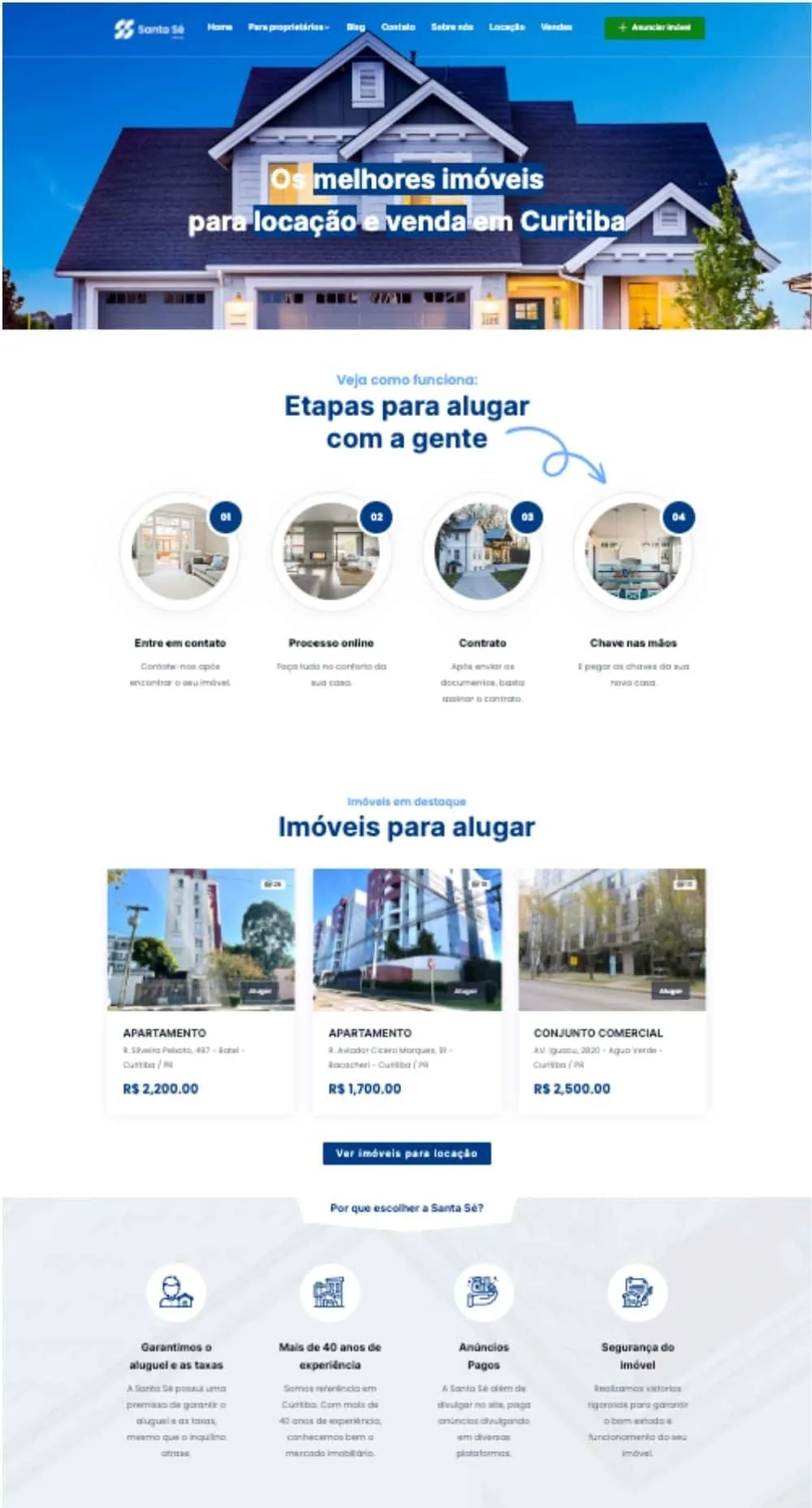 Página inicial do site da Santa Sé Imóveis detalhando as etapas para alugar um imóvel, com um fluxo de processo claramente delineado e uma seleção de imóveis em destaque para locação, evidenciando a experiência de mais de 40 anos no mercado.