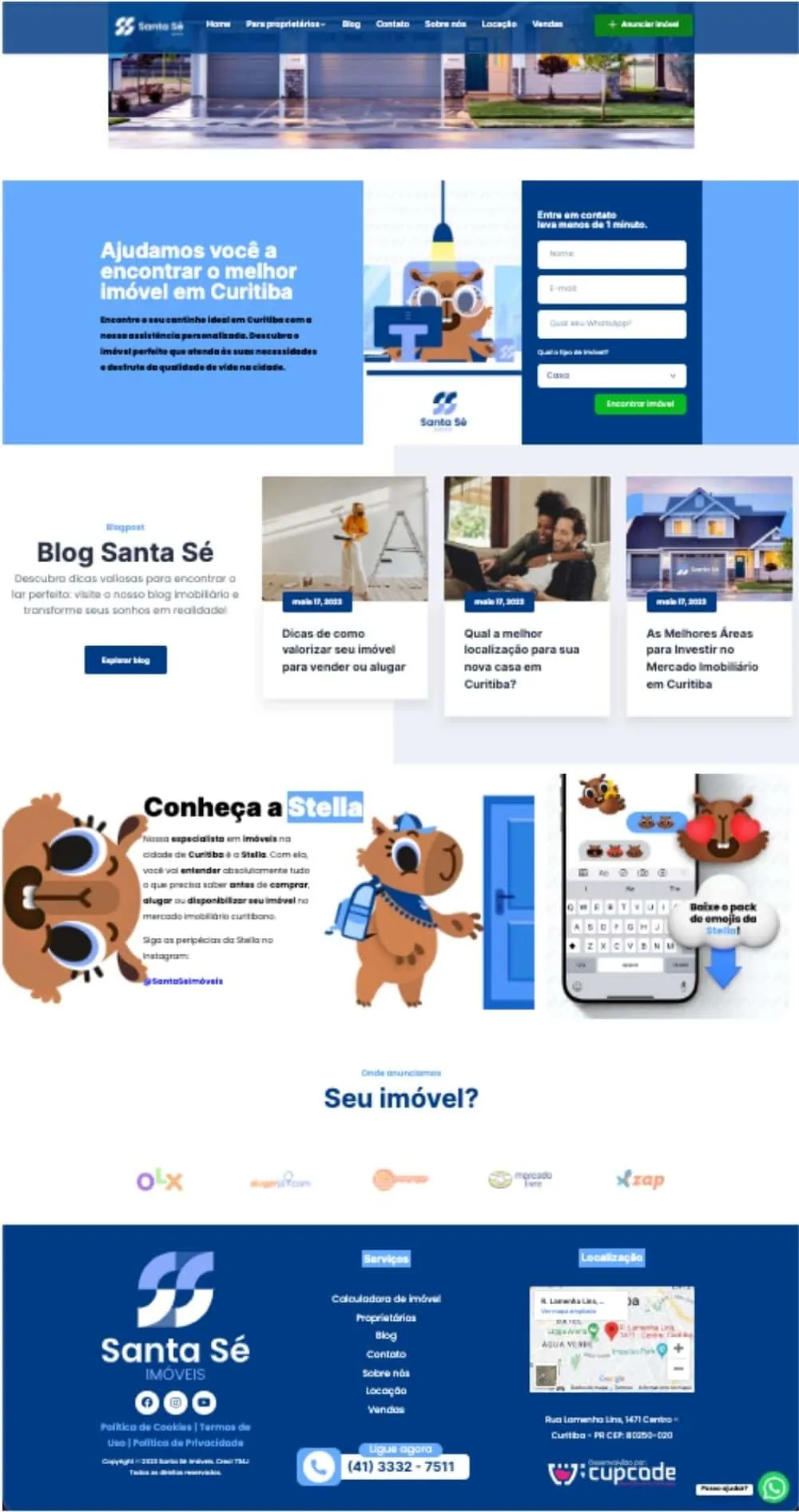 Página de serviços da Santa Sé Imóveis oferecendo aluguel garantido mesmo em caso de atraso do inquilino, depoimentos de clientes satisfeitos e chamadas para ação direcionadas para proprietários interessados em alugar ou vender seus imóveis.