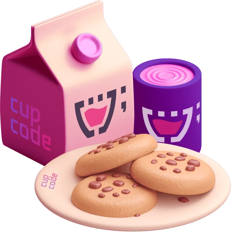 Animação 3D de uma caixa de leite, um copo roxo com uma bebida rosa, e um prato de cookies com gotas de chocolate. Tanto no prato, quanto no copo e na caixa de leite, é possível ver o logotipo da Cupcode.