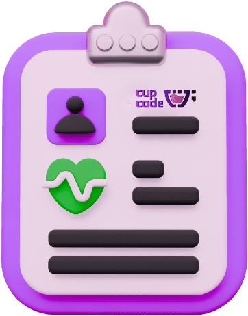 Uma caderneta com dados de exames do paciente com a logo da cupcode