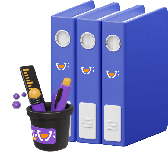 Ilustração 3D de materiais de escritório personalizados da Cupcode Civic, incluindo três pastas azuis com o logotipo e um suporte de canetas preto repleto de itens de papelaria, como canetas e marcadores. A imagem comunica a atenção aos detalhes e a importância de uma apresentação impecável com o slogan