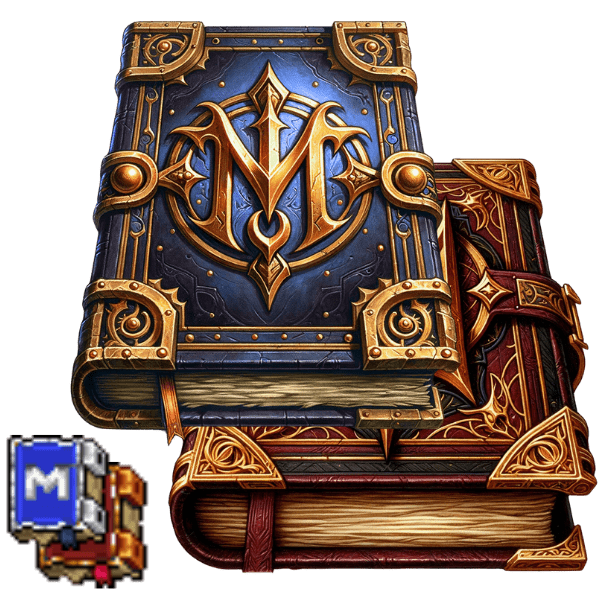 Arte detalhada de dois livros mágicos com ornamentos dourados e símbolos místicos, representando itens do jogo ModukOT. A ilustração é uma recriação de alta qualidade da arte original em pixel art, que aparece em miniatura no canto, mostrando a evolução visual para a versão moderna do site do servidor do ModukOT.