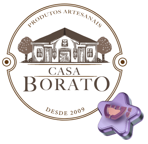 Logotipo da Casa Borato, criado pela Cupcode, uma casa com porta e janelas e uma árvore em cada lado. Em cima está escrito: 'Produtos artesanais' e em baixo 'Desde 2009' Uma linha logo abaixo da casa, com a escrita 'Casa' (em cima) e 'Borato' (em baixo), separados por uma linha. O logotipo tem dois círculos em linhas ao redor com um pequeno meio círculo para dentro dessas duas linhas nos lados direito e esquerdo, para fora, ele tem um círculo pequeno dentro desse meio círculo e dentro do círculo pequeno, uma bolinha flat. O logotipo é feito em lineart com as cores marrom-claro e marrom-escuro.