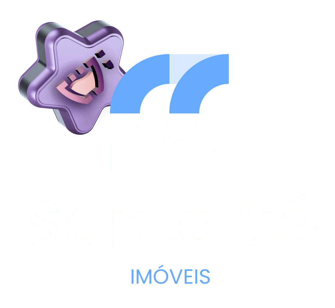 Logotipo da Santa Sé Imóveis em azul e branco com uma estrela roxa destacada contendo o ícone da Cupcode ao fundo, simbolizando a parceria de sucesso e inovação.