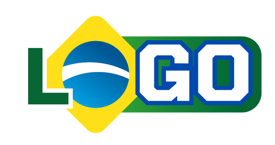 Logotipo gráfico com as letras 'L' e 'GO' em verde, intercaladas por uma forma estilizada de diamante nas cores da bandeira brasileira - verde, amarelo e azul - contendo uma faixa branca sinuosa. O design evoca comunicação e dinamismo, posicionado contra um fundo amarelo suave.