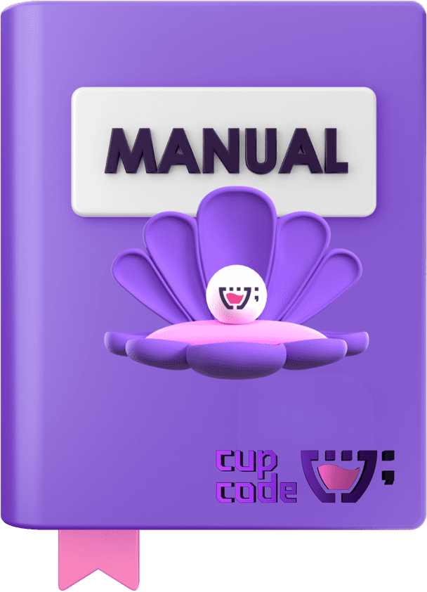 Manual da Marca Cupcode: um livro roxo com a capa apresentando a logo do branding 'uma concha roxa com uma pérola branca' em baixo tem um marcador de livro rosa. Representa o profissionalismo e a atenção aos detalhes da Cupcode, entregando um manual completo com todas as diretrizes da logomarca, incluindo cores, fontes, elementos gráficos, e mais.