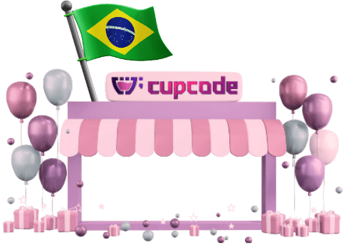A fachada de um comércio de rua, com vários baloes e com as cores da Cupcode, o logotipo da Cupcode em cima e uma bandeira do Brasil tremulando em um mastro em cima da fachada.