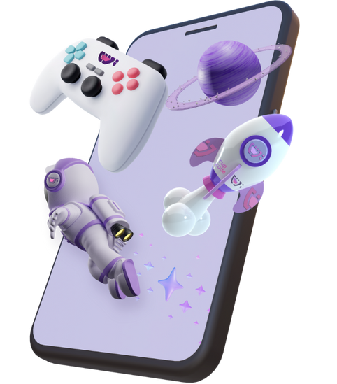 Um celular com tela branca com um astronauta, a nave branca e roxa e o planeta roxo com listras e anéis de cristais da Cupcode.