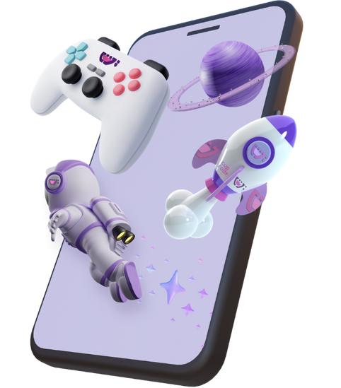 Um telefone com uma tela branca com um astronauta, a nave branca e roxa, e o planeta roxo com listras e anéis de cristais da Cupcode.
