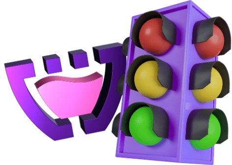 Logo da cupcode atrás de um sinaleiro roxo