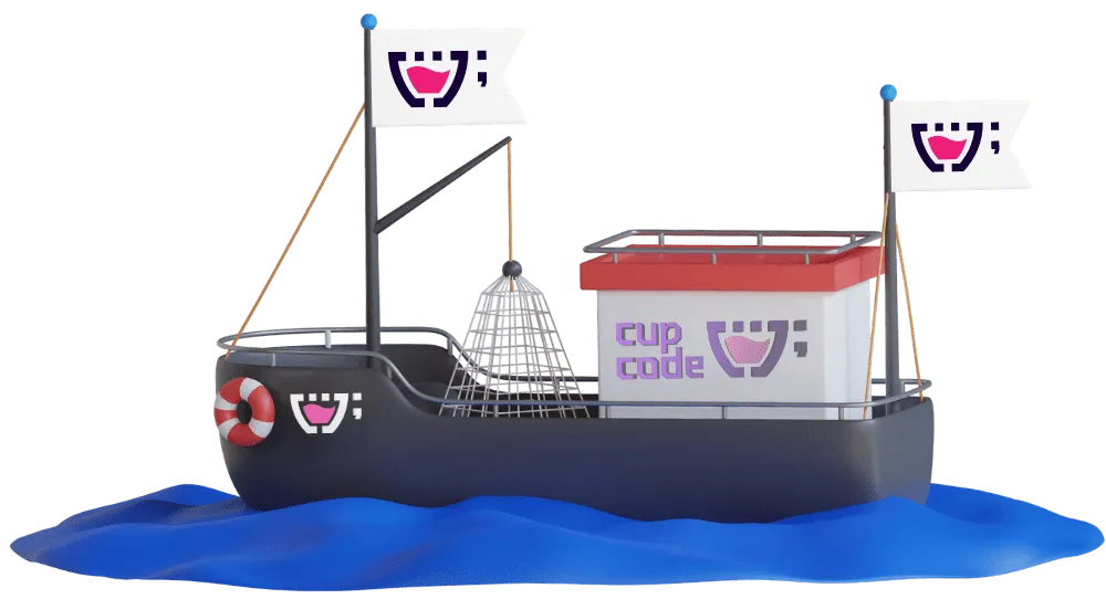 Navio Pesqueiro Cupcode: um navio pesqueiro com velas e mastro personalizados da Cupcode, simbolizando a exploração e descoberta para além do óbvio, em um mar de possibilidades além da pesca.