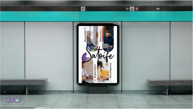 Anúncio publicitário da Satoife exibido em uma estação de metrô, mostrando um painel digital com imagens de profissionais e a logomarca da Satoife, refletindo a abordagem moderna e profissional da empresa de recrutamento internacional.

                