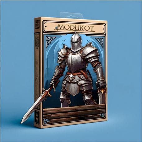 Imagem de um item de papelaria da ModukOT com um cavaleiro em armadura completa empunhando uma espada, destacando-se contra um fundo que evoca uma masmorra de jogo.

                  