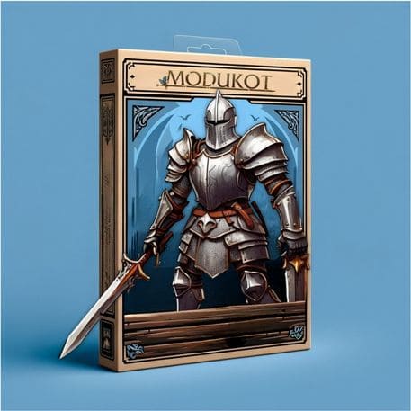 Imagem de um item de papelaria da ModukOT com um cavaleiro em armadura completa empunhando uma espada, destacando-se contra um fundo que evoca uma masmorra de jogo.