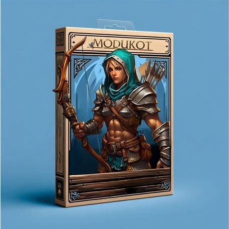 Imagem de um item de papelaria para ModukOT com uma paladina corajosa, armada com um arco e flechas, pronta para a batalha, em frente a um fundo de design de jogo detalhado.

                  