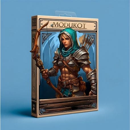 Imagem de um item de papelaria para ModukOT com uma paladina corajosa, armada com um arco e flechas, pronta para a batalha, em frente a um fundo de design de jogo detalhado.