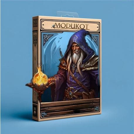 Imagem de um item de papelaria da ModukOT mostrando um feiticeiro poderoso com uma chama na mão, envolto em mantos azuis e detalhes místicos

                  
