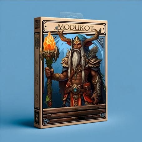 Imagem de um item de papelaria com a marca ModukOT exibindo um druida majestoso segurando um cajado flamejante, destacando-se contra um fundo azulado e detalhes de design de jogo.