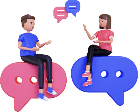 Ilustração 3D de dois personagens sentados em balões de fala gigantes, engajados em uma conversa. Acima deles, o texto