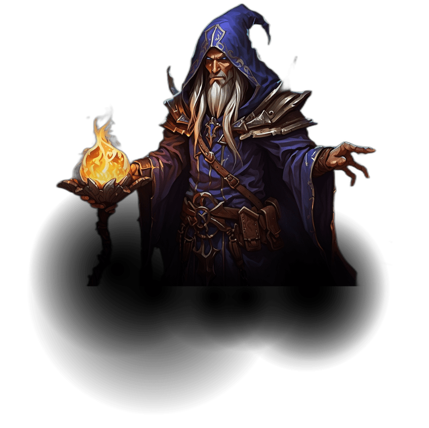 Feiticeiro misterioso com manto azul lançando uma bola de fogo, ilustrando a magia arcana que os jogadores podem dominar no ModukOT.

            