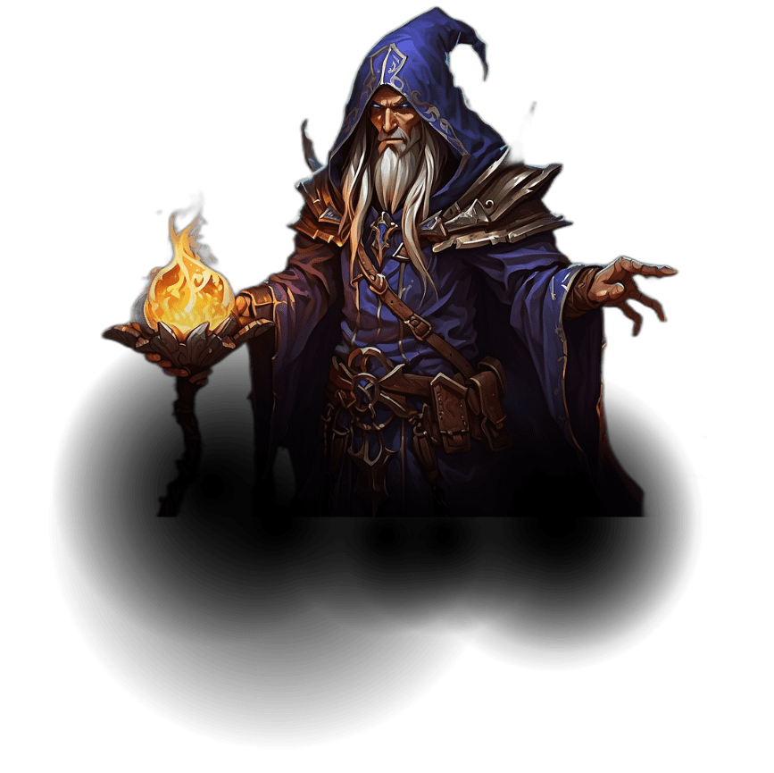 Feiticeiro misterioso com manto azul lançando uma bola de fogo, ilustrando a magia arcana que os jogadores podem dominar no ModukOT.