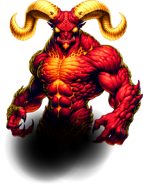 Representação de um demônio vermelho e musculoso com chifres dourados, exalando uma aura de poder e ameaça, como um inimigo desafiador no servidor ModukOT.

            