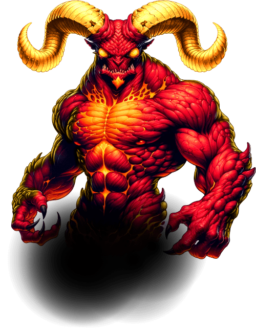 Representação de um demônio vermelho e musculoso com chifres dourados, exalando uma aura de poder e ameaça, como um inimigo desafiador no servidor ModukOT.
