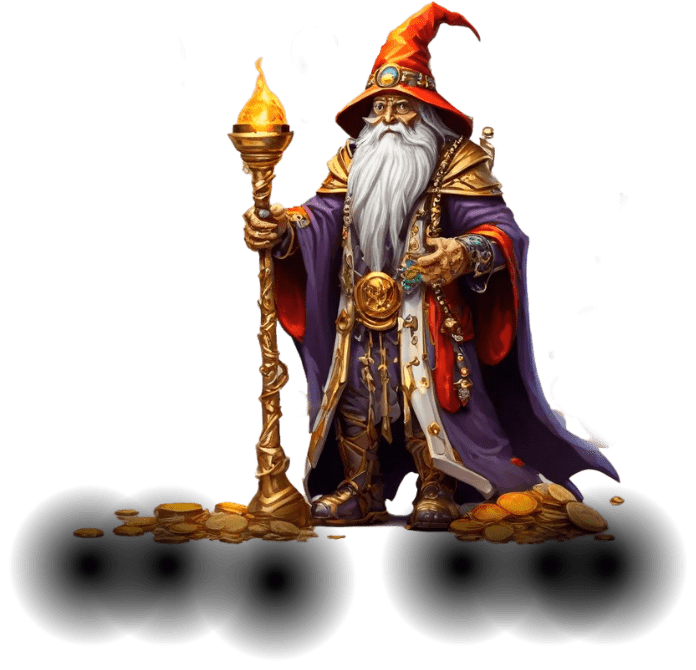 Imagem de um mago sábio com longas barbas brancas, segurando um cajado mágico, vestido com trajes roxos e dourados, ilustrando um personagem poderoso do servidor de Tibia ModukOT.