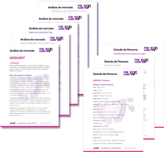 Imagem mostrando uma coleção de documentos de análise de mercado e estudo de persona desenvolvidos pela Cupcode para o servidor de Tibia ModukOT. Os documentos estão dispostos em perspectiva, destacando títulos e seções de texto que detalham a demografia do jogador, tendências de mercado e perfis de usuário, todos formatados com a identidade visual da Cupcode.