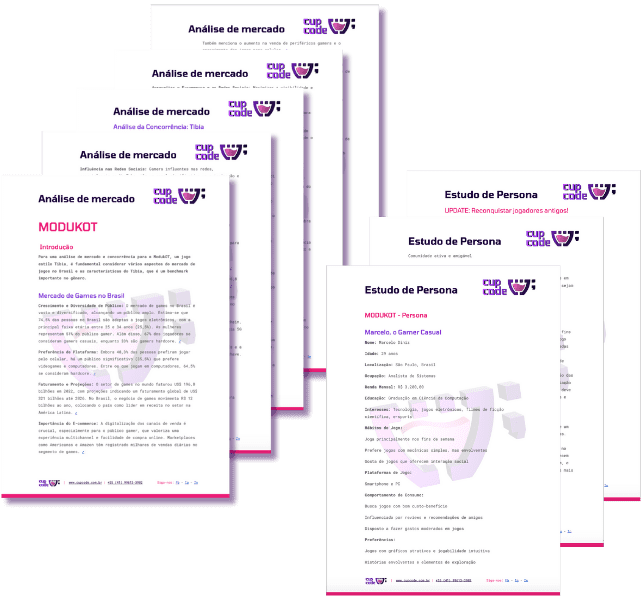 Imagem mostrando uma coleção de documentos de análise de mercado e estudo de persona desenvolvidos pela Cupcode para o servidor de Tibia ModukOT. Os documentos estão dispostos em perspectiva, destacando títulos e seções de texto que detalham a demografia do jogador, tendências de mercado e perfis de usuário, todos formatados com a identidade visual da Cupcode.

              