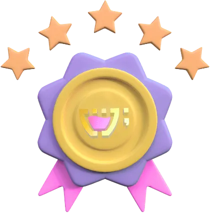 Uma estrela roxa com fitas rosas, e 5 estrelas no topo e a logo da cupcode no centro