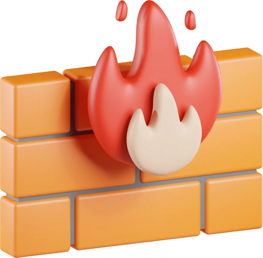 Animação 3D de uma parede de tijolos laranja com um fogo em animação 3D. Em referencia ao Firewall (