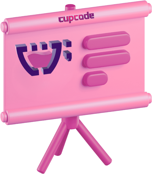 Showroom da Marca Cupcode: uma placa de apresentação rosa em 3D, exibindo gráficos ao lado do logotipo da Cupcode, destacando a visualização interativa da marca.