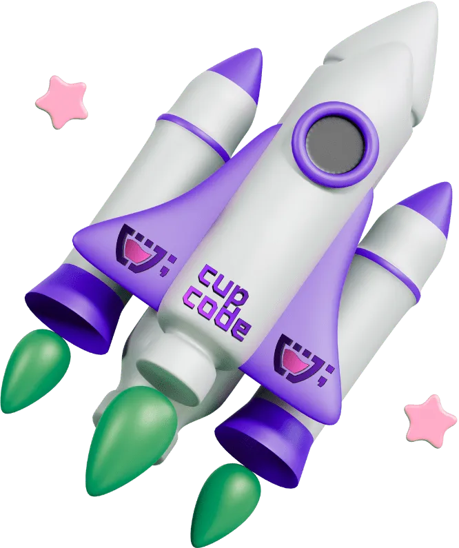 Uma nave branca com detalhes roxos da Cupcode, com três tanques de combustível nos lados e embaixo dele. o Fogo que sai deles é verde e há duas estrelas cor de rosa ao redor.  Significando as entregas da Cupcode a todo vapor.