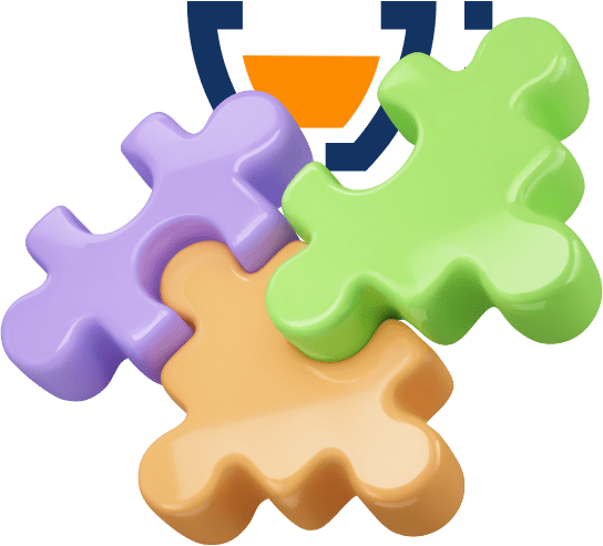 Ilustração 3D de três peças de quebra-cabeça interligadas nas cores roxo, laranja e verde, sobrepostas ao logotipo da Cupcode Civic. A imagem simboliza a integração de estratégias digitais para ampliar a influência de partidos políticos, sugerindo a ideia de 'Estratégias Digitais para Partidos em Movimento.