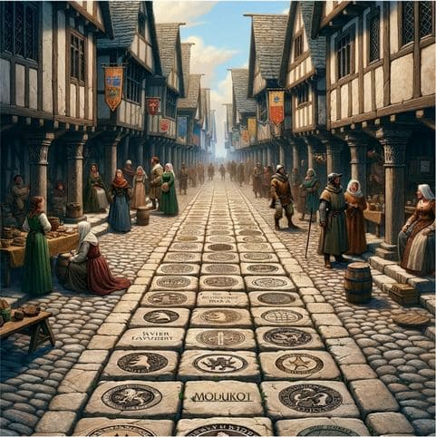 Cena vibrante de uma rua medieval com pedras da calçada marcadas com emblemas de guildas proeminentes do ModukOT, celebrando a comunidade e as conquistas dos jogadores.
