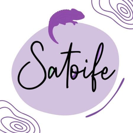 Logotipo da Satoife fundo roxo com a silhueta de um camaleão em fundos coloridos, representando a adaptabilidade e a capacidade da empresa de se destacar no setor de recrutamento internacional.