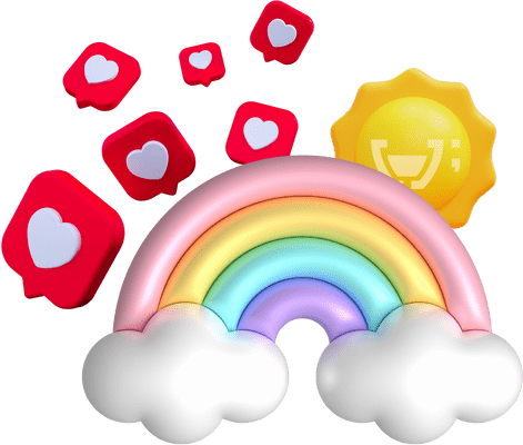 Ilustração de um arco-íris com cores vibrantes emergindo de nuvens brancas e fofas, com ícones de curtidas e um emblema dourado com o logo da Cupcode flutuando em um fundo degradê rosa e laranja, simbolizando a influência positiva e o alcance nas redes sociais.