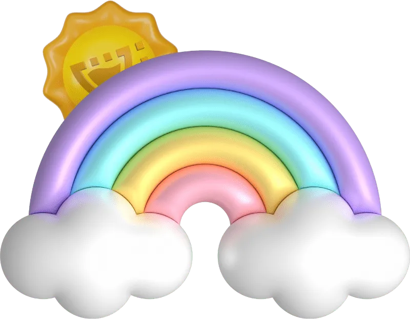 Logotipo de Gestão de Redes Sociais da Cupcode, um arco-iris com 4 cores, roxo, azul, amarelo e rosa, todas em tons pastéis, com uma nuvem branca em cada extremidade do arco e um sol com raios e o logotipo da Cupcode dentro dele, saindo de trás do arco-íris.