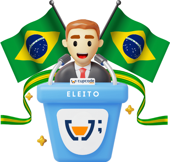 Ilustração colorida de um personagem animado com trajes formais de orador, atrás de um púlpito azul marcado com o logo da Cupcode. O púlpito tem a palavra