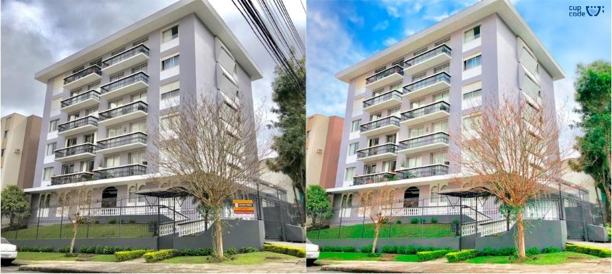 Antes e depois da edição visual por Cupcode de um edifício residencial para a Santa Sé Imóveis, mostrando melhorias digitais como fachada mais brilhante, céu azul intensificado e vegetação mais viva para atrair atenção online.