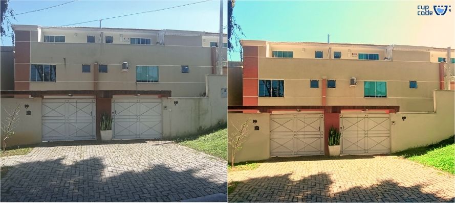 Comparativo de edição de imagem feita pela Cupcode de uma residência para a Santa Sé Imóveis, exibindo melhorias visuais como cores realçadas nos portões e fachada para uma apresentação mais vibrante no site.