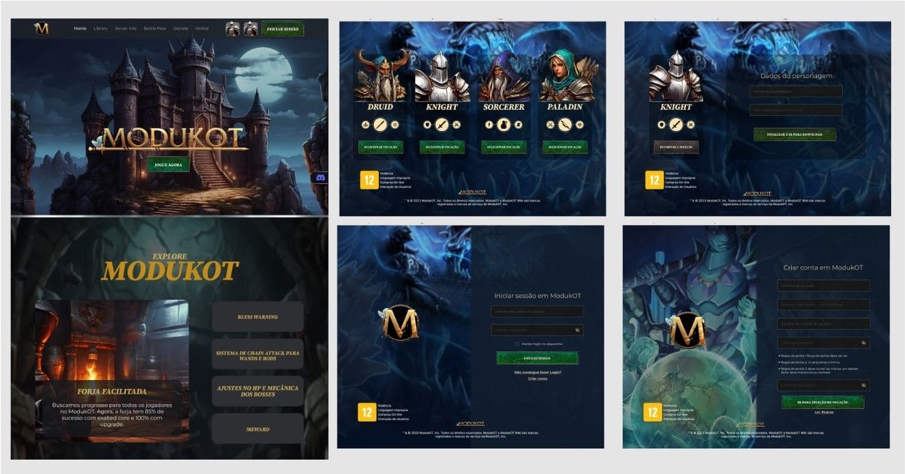 Wireframe de alta fidelidade para o website da ModukOT, detalhando uma interface rica e imersiva com imagens de personagens e ambientes estilizados do jogo. Inclui cabeçalhos de navegação, seções de conteúdo destacadas e botões interativos para uma experiência de usuário otimizada. A interface combina elementos de fantasia com funcionalidade, refletindo a identidade visual da marca ModukOT com uma paleta de cores escuras e imagens atmosféricas de castelos, calabouços e personagens de RPG.

              