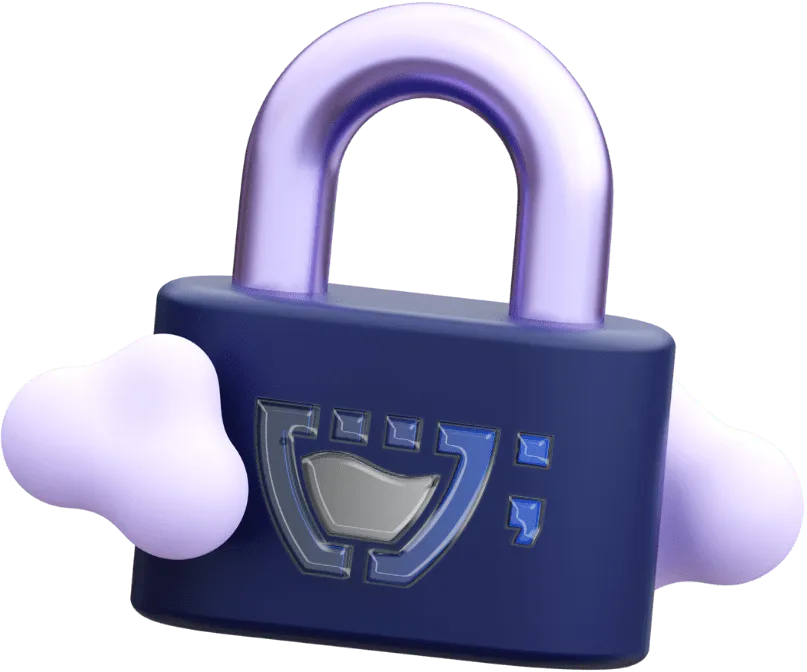 Um cadeado azul com o Cupzinho da Cupcode nele. O Cadeado está entre nuvens 3D.