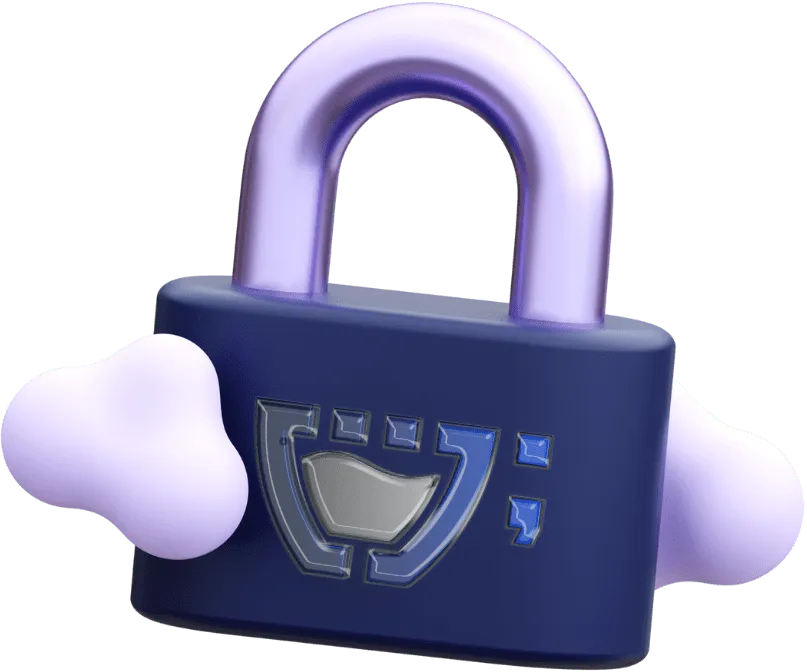 Um cadeado azul com o Cupzinho da Cupcode. O cadeado está entre nuvens 3D.