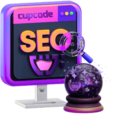 Logotipo do serviço de Melhorias de SEO da Cupcode, com um monitor de computador com a escrita: "SEO".  Uma lupa e uma bola de cristal estão na frente da tela. o Logotipo da Cupcode está presente na tela e dentro da bola de Cristal. A Imagem simboliza a busca minuciosa e nosso trabalho de prever as buscas orgânicas dos clientes.