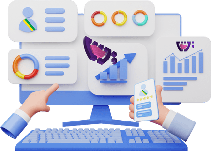 Ilustração 3D de uma estação de trabalho com monitor exibindo gráficos coloridos e ícones de análise de dados, com uma mão apontando para a tela e a outra segurando um smartphone com gráficos de desempenho. Representa a eficácia da integração de sites e redes sociais da Cupcode Civic no sucesso de campanhas digitais.