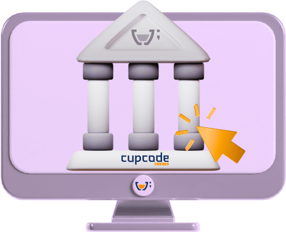 Imagem de um monitor com bordas arredondadas em tons de lilás exibindo uma ilustração estilizada de um templo grego com colunas robustas e o teto formando o logo da Cupcode. Abaixo das colunas, o nome